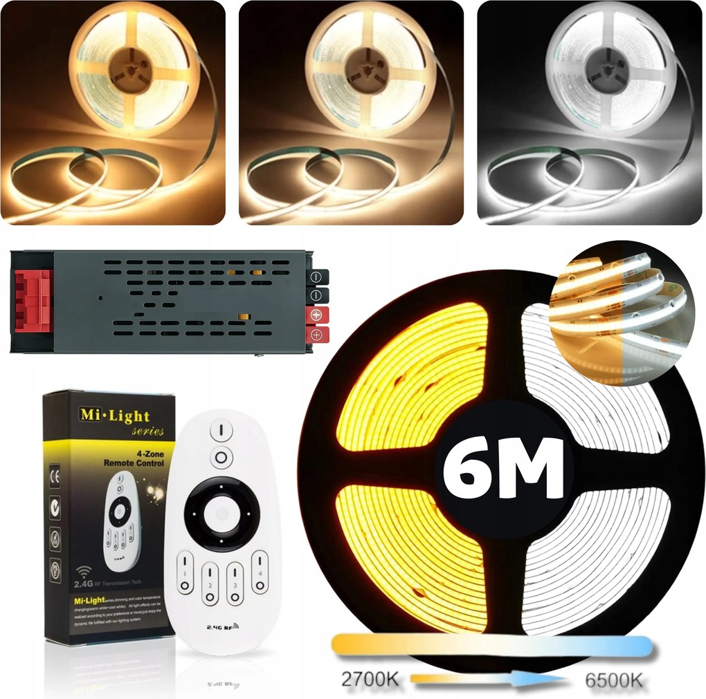 Cob Cct 3000-6500K LED-es hideg-meleg szalag szett 24V 14W/m folyamatos vonal 6m