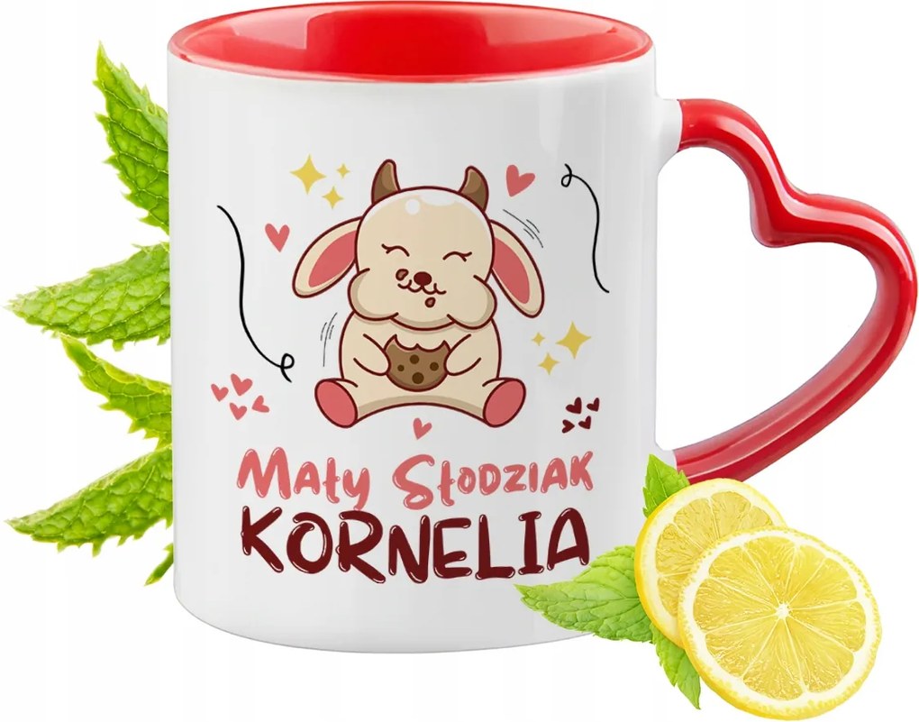 Piros bögre szív alakú füllel Kornéliának Ajándék