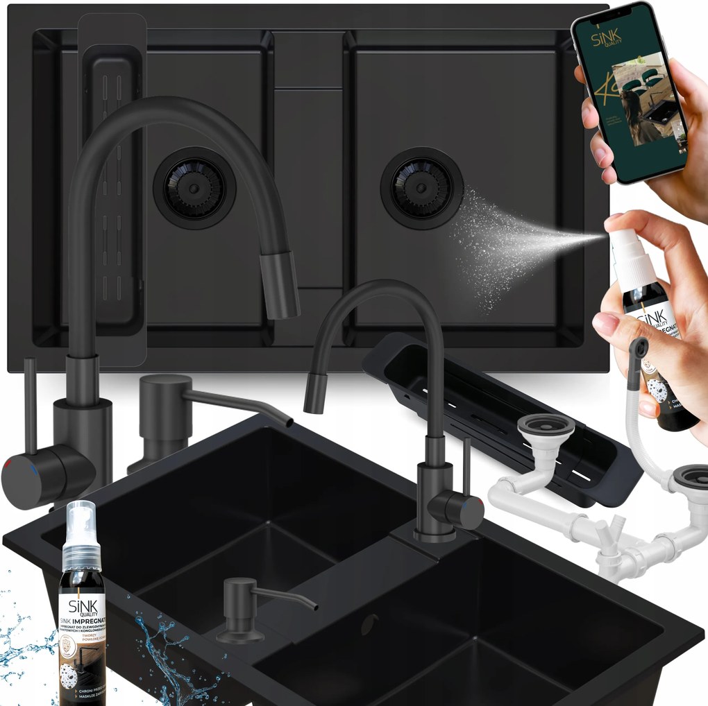 Gránit Mosogatótál, kétmedencés, Fekete, konyhai Csapteleppel, adagolóval és Szifonnal