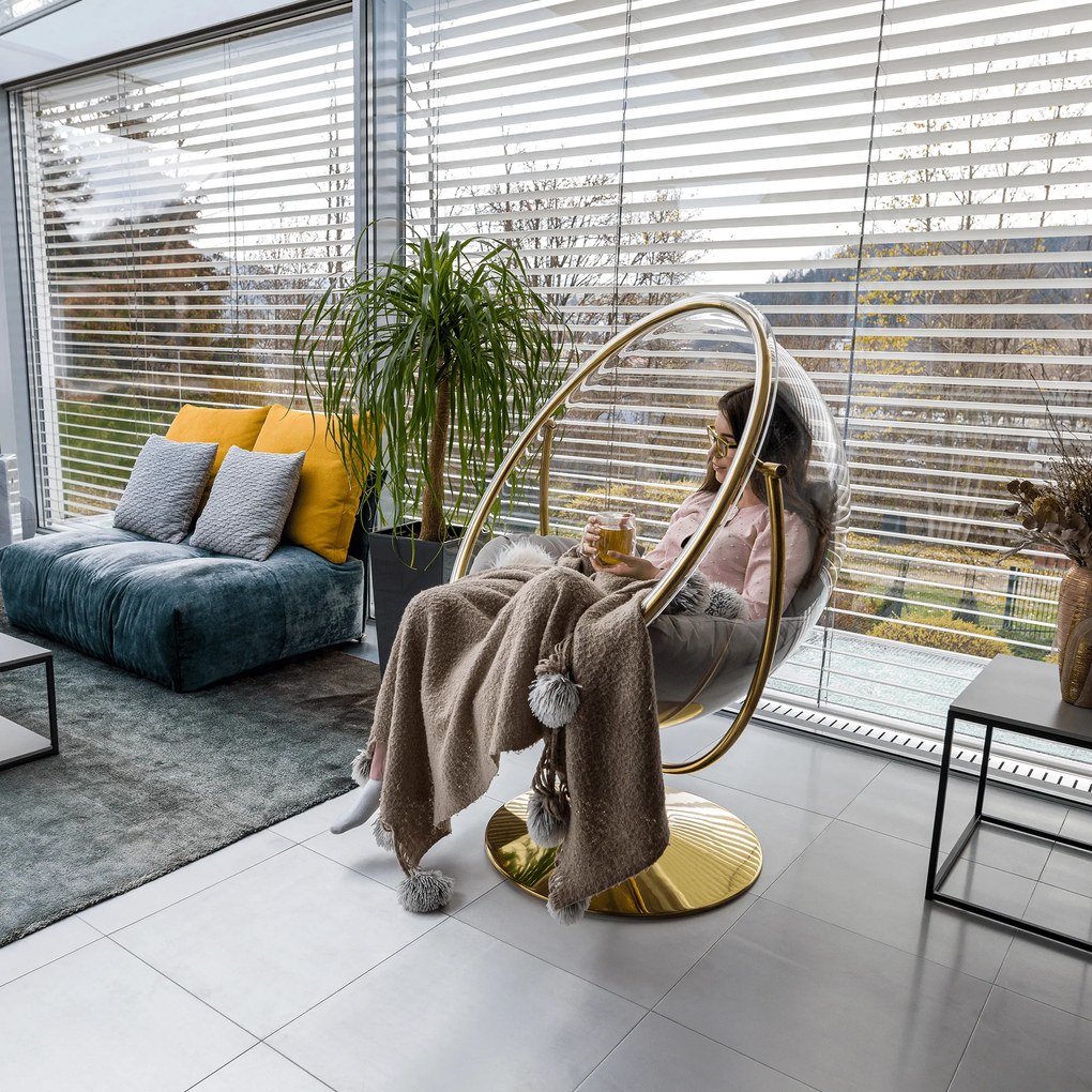 Függő fotel állvánnyal, átlátszó/arany/szürke, BUBBLE NEW TYP 2