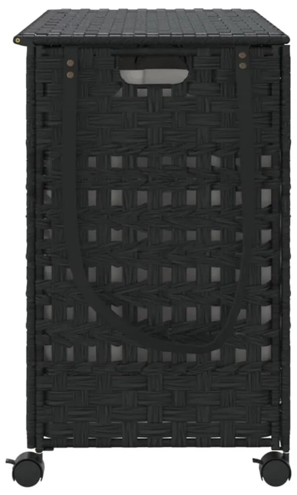 fekete rattan szennyeskosár kerekekkel 66x35x60 cm