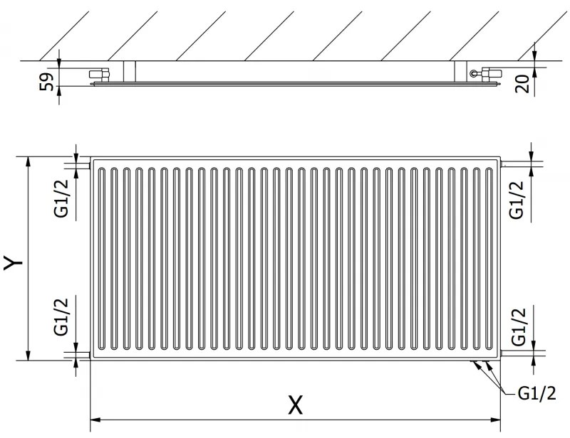 Mexen CVH10 Higiénikus panelradiátor 400 x 2800 mm, alsó csatlakozás, 1210 W, fehér, W610H-040-280-00