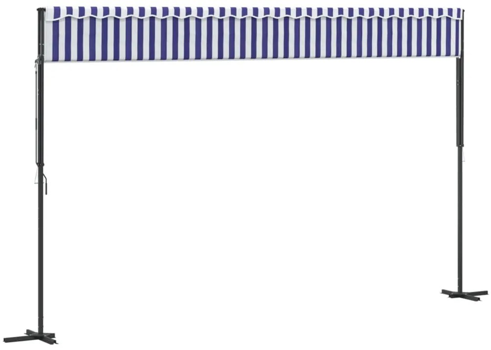kék-fehér szövet és acél szabadon álló napellenző 500 x 300 cm