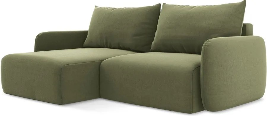 Zöld bársony kinyitható-tárolóhelyes sarokkanapé (bal oldali-heverő résszel) Kalena – Makamii