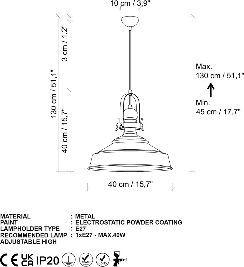Craft 13982 fehér fém függőlámpa, Ø41 cm