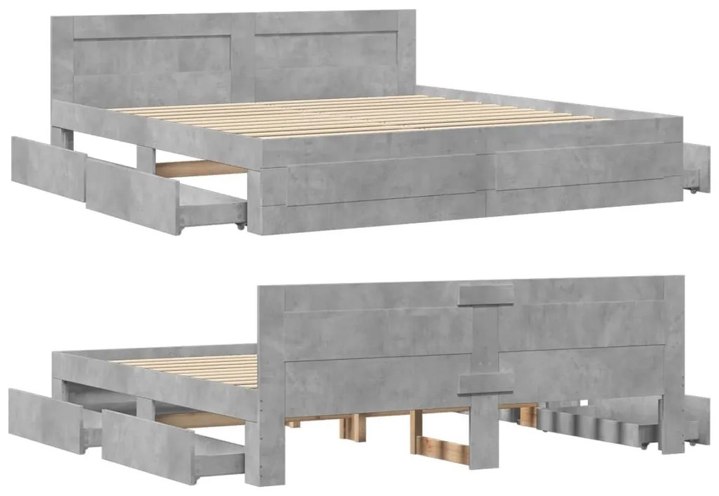betonszürke szerelt fa ágykeret fejtámlával 200 x 200 cm