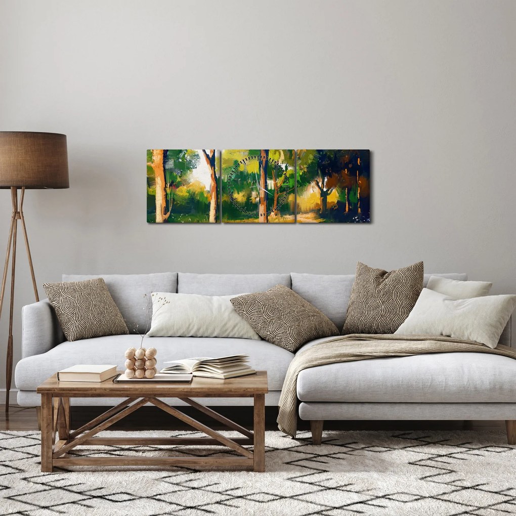 Erdő képe a nyári napsütésben, festmény (órával) (90x30 cm)