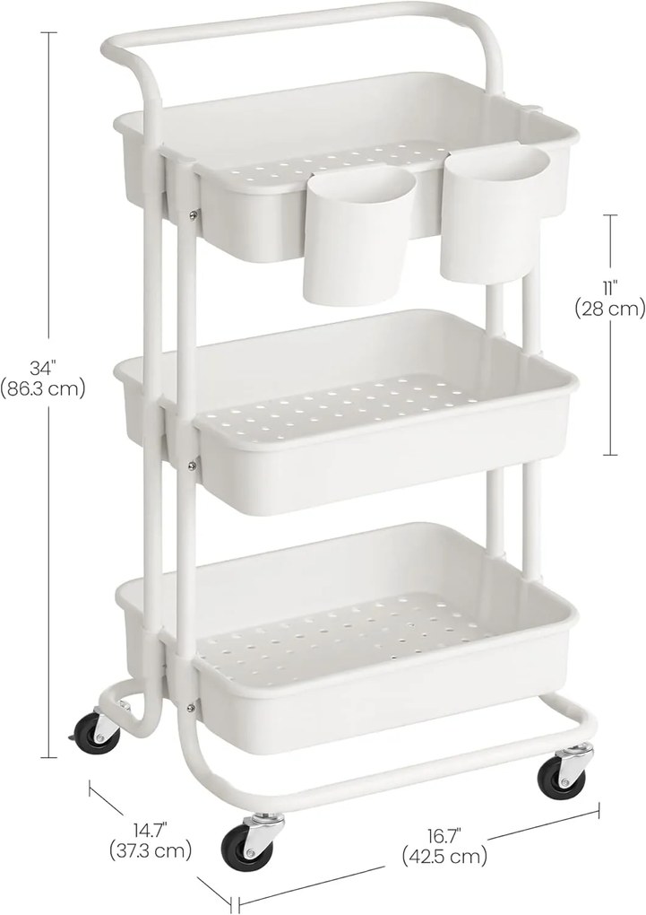 3 szintes kerekeken guruló tároló polc, fogantyúval, fehér színben
