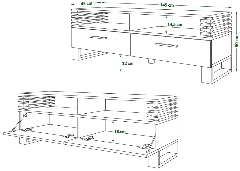 Mazzoni GOKEE RTV-145 Barna Tölgy/Fekete Matt - MODERN LAMELLÁS TV ASZTAL