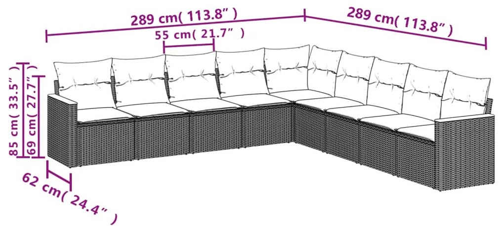 9 részes fekete polyrattan kerti ülőgarnitúra párnákkal