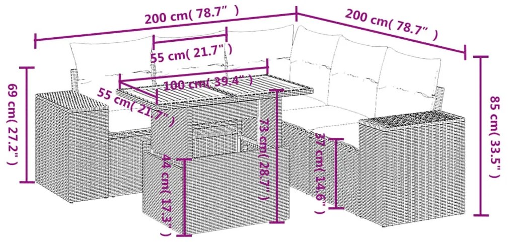 6 részes fekete polyrattan kerti ülőgarnitúra párnákkal