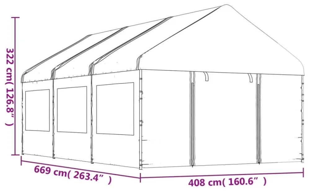 fehér polietilén pavilon tetővel 6,69 x 4,08 x 3,22 m