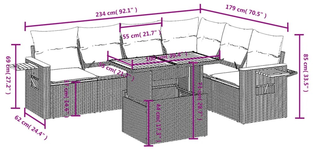 7 részes szürke polyrattan kerti ülőgarnitúra párnákkal