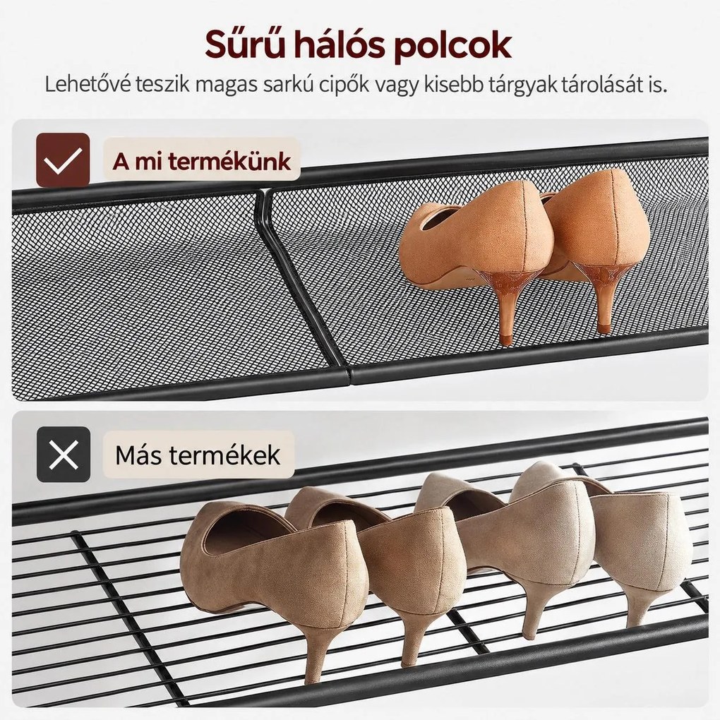 5 szintes cipőtartó 20–25 pár cipőhöz, 4 állítható hálós polccal, 75 x 28 x 93 cm, rusztikus barna és fekete