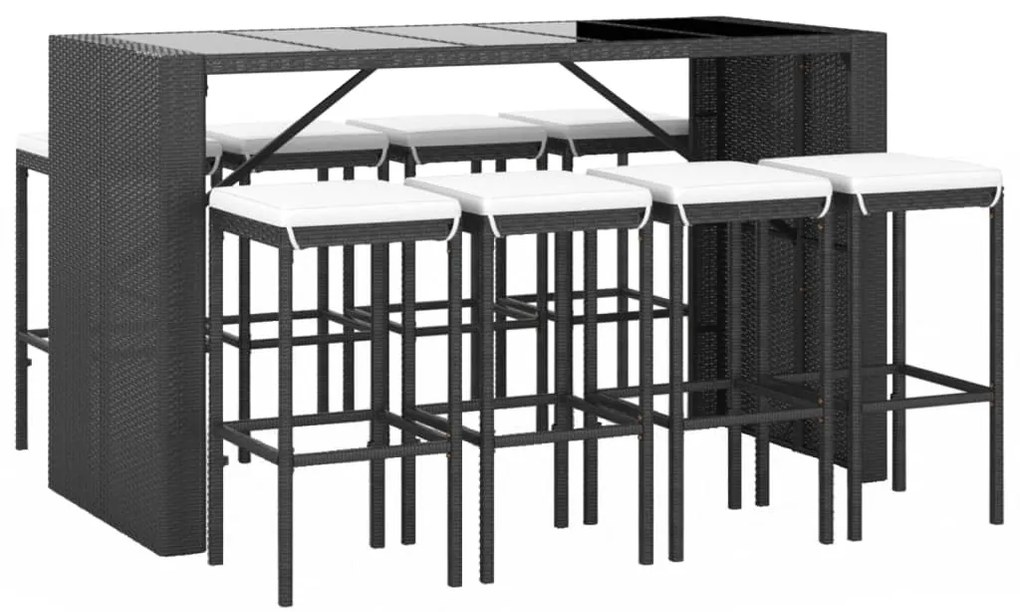 9 részes fekete polyrattan kerti bárszett párnával