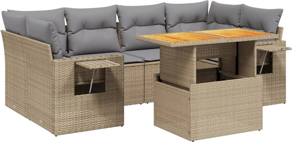 vidaXL 7 részes bézs polyrattan kerti ülőgarnitúra párnákkal