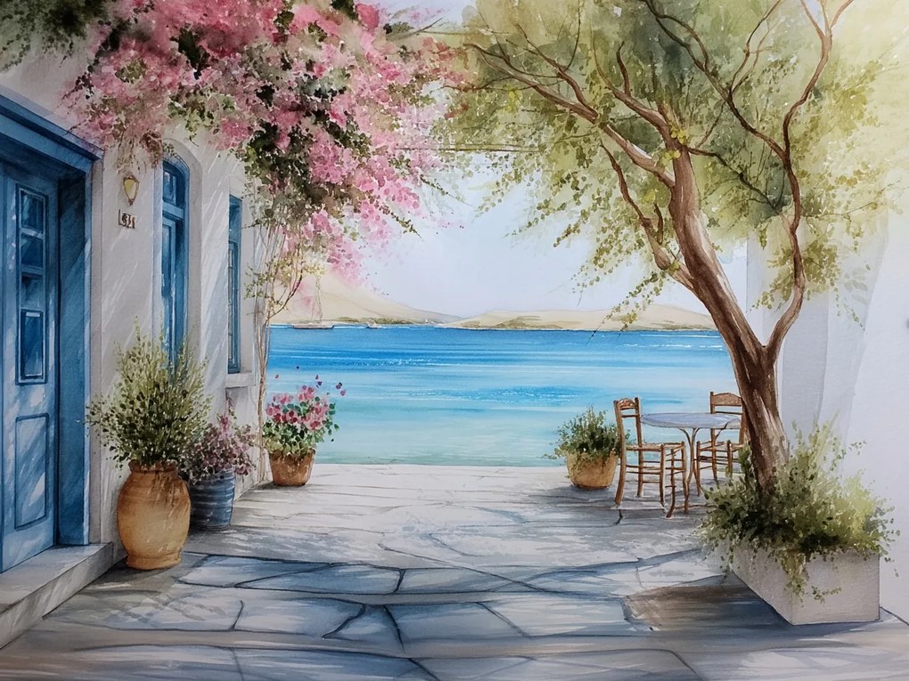 Vászonkép Canvas Görögország Terasz Bugenwilla Kilátás A Tengerre 100 x 75