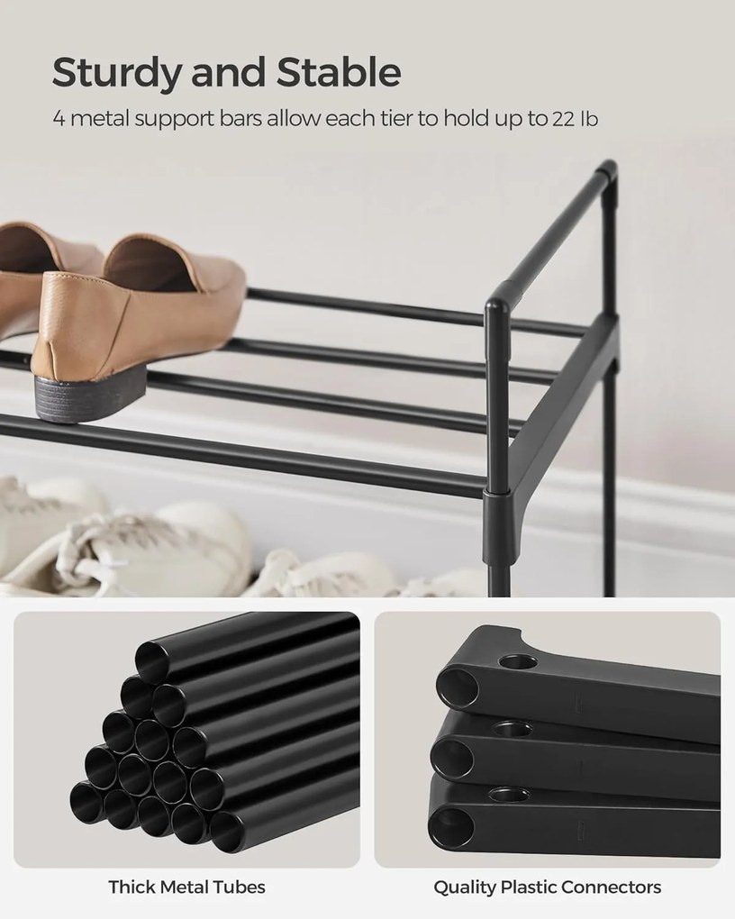 2 szintes cipőtartó állvány, fém tárolópolc, 8–10 pár cipőhöz, 30 x 92 x 34 cm, fekete