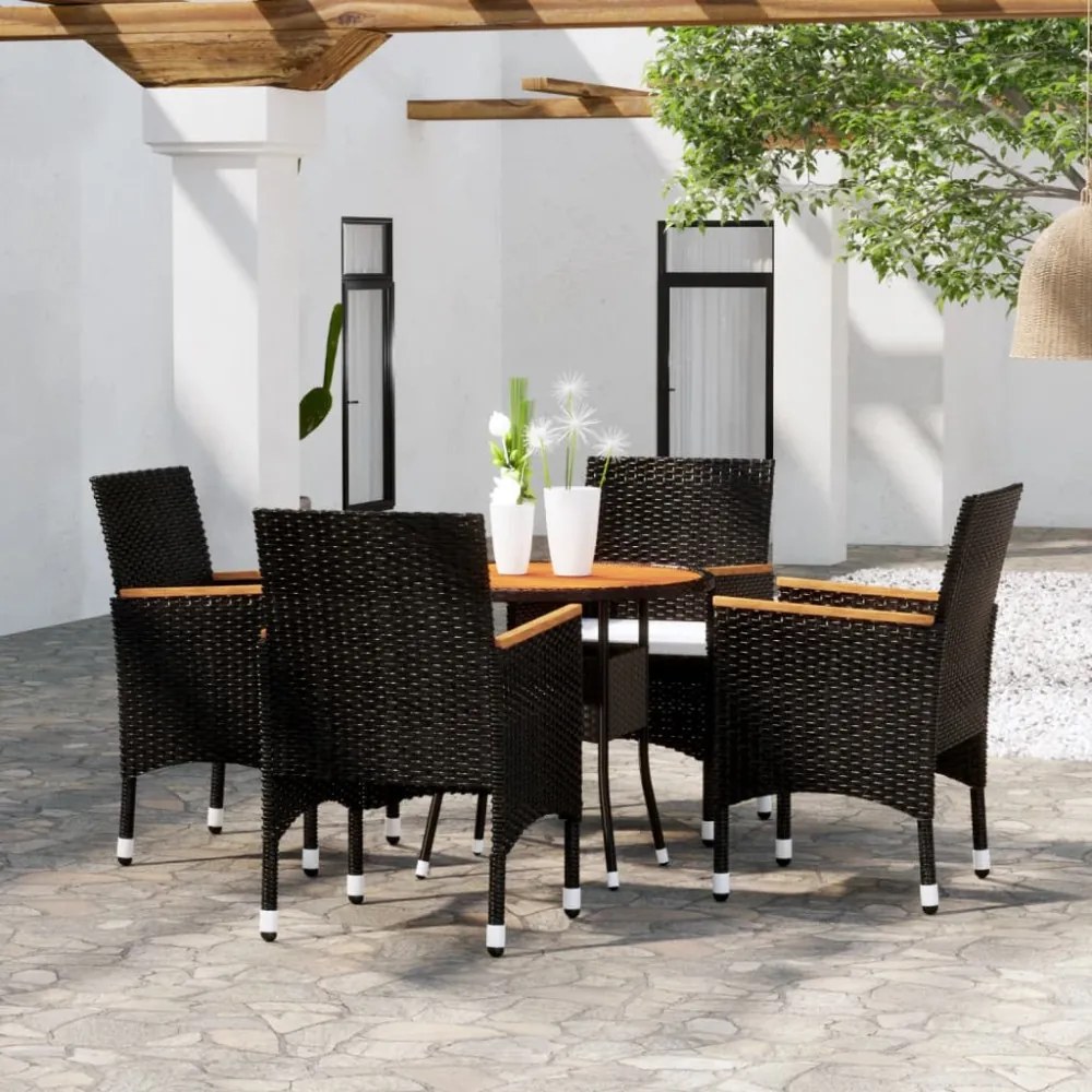 5 részes fekete polyrattan és tömör fa kerti bisztrószett