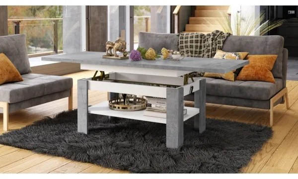 Bővíthető dohányzó-/étkezőasztal emelhető asztallappal ROY betonszürke/fehér