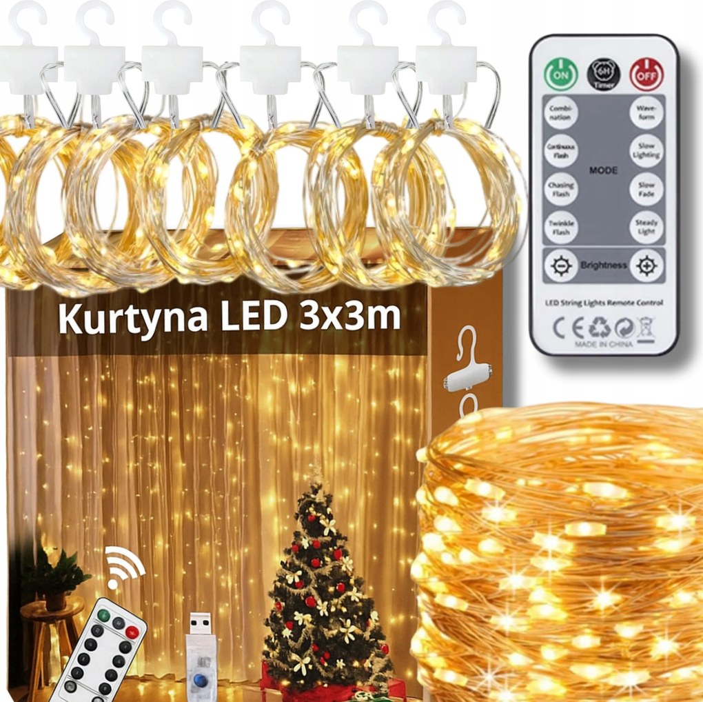 Fényfüggöny Karácsonyi Lámpák 3x3M 300 Led Karácsonyfa Füzér Ablakra