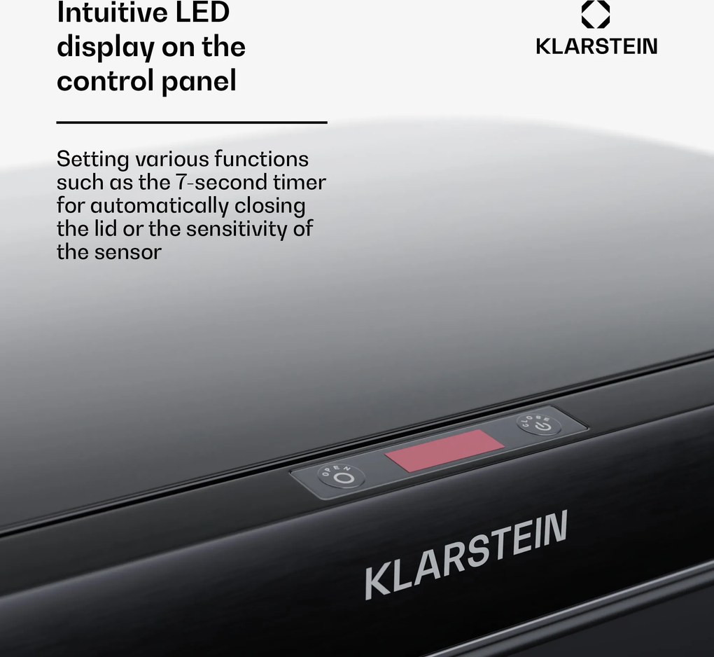 Klarstein Touchless, szenzoros szemétkosár, 60 l, rozsdamentes acélból, Soft-Close záródás, elemmel működő, LED kijelző, időzítő