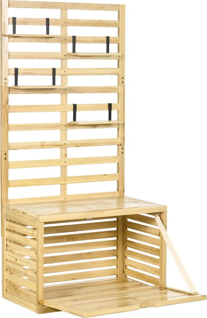 Outsunny tároló doboz, tároló láda rácsos kiegészítővel, párna doboz polcokkal, kerti láda, párna doboz, tömör fa, természetes, 80 x 45 x 160 cm | Aos