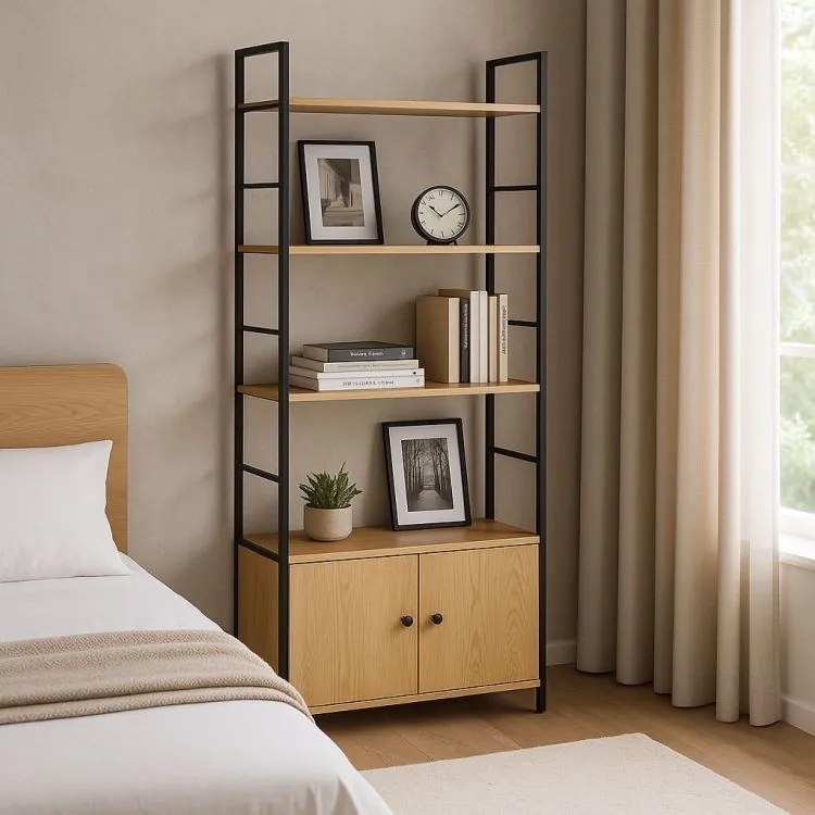 Intenso Home 5 szintes könyvespolc ajtóval 59 x 144cm (Aranytölgy) | Univerzális tároló állvány fém lábakkal