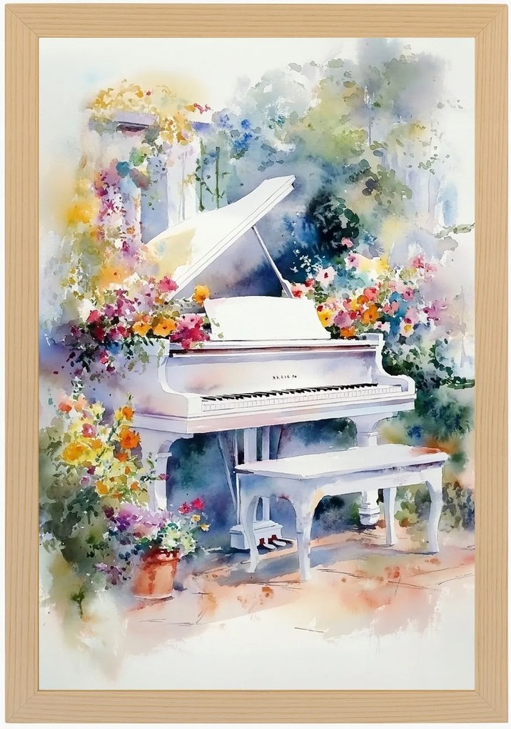 Poszter Keret Fa Akvarell Kert Virágok Tavasz Fehér Zongora 40x60