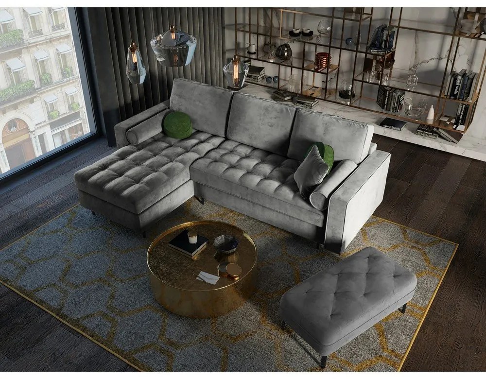 Santo világosszürke kinyitható bársony sarokkanapé, bal oldali - Milo Casa