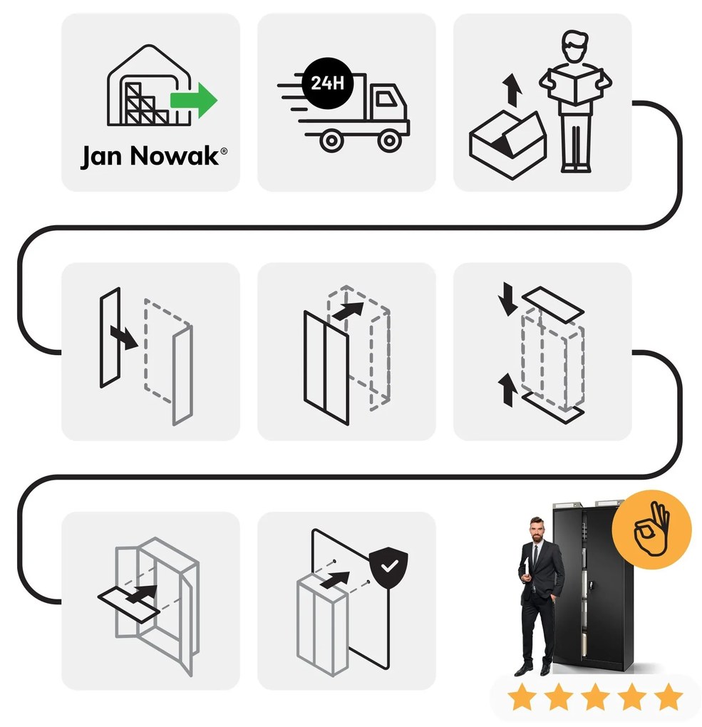 Fém iratszekrény JAN, 900 x 1850 x 400 mm, fekete