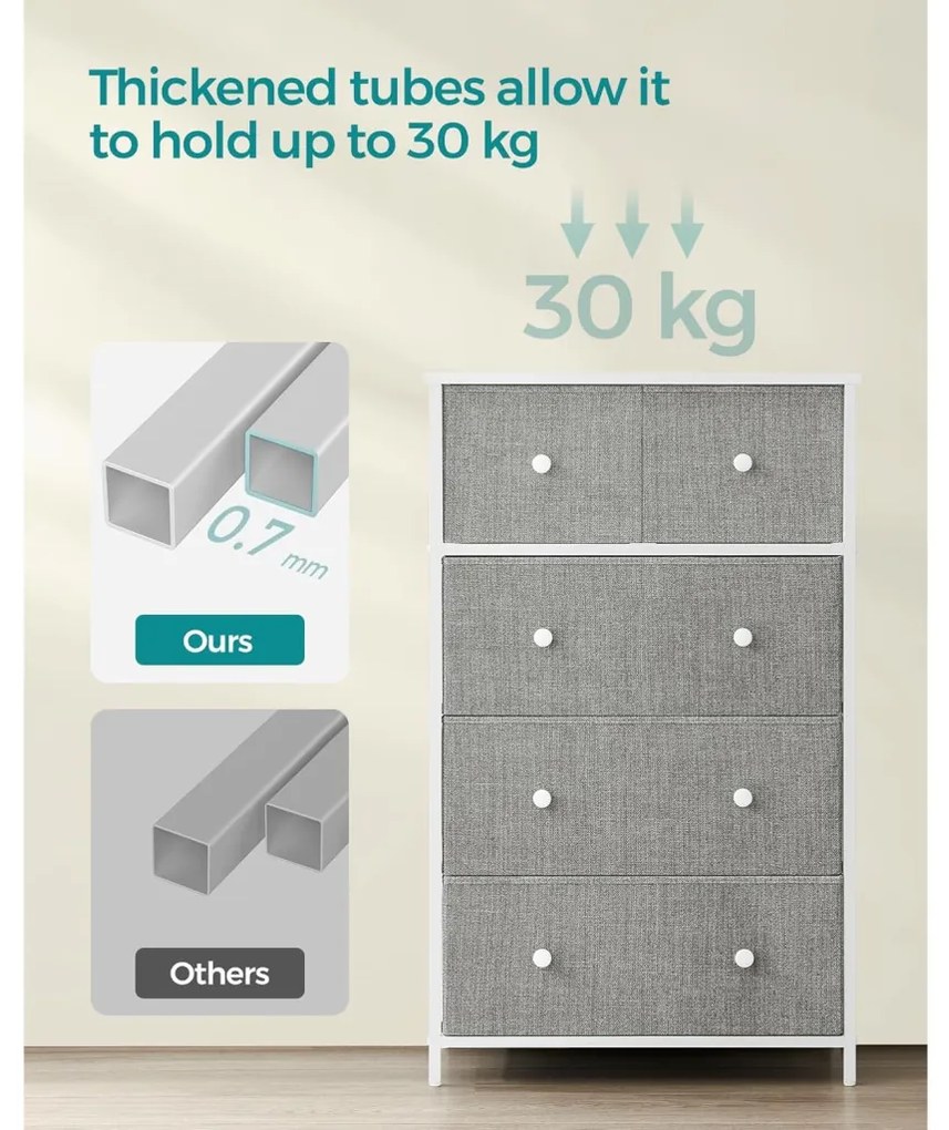 Tároló szekrény öt fiókkal, ruhás szekrény, fehér és világosszürke 30x56x93cm