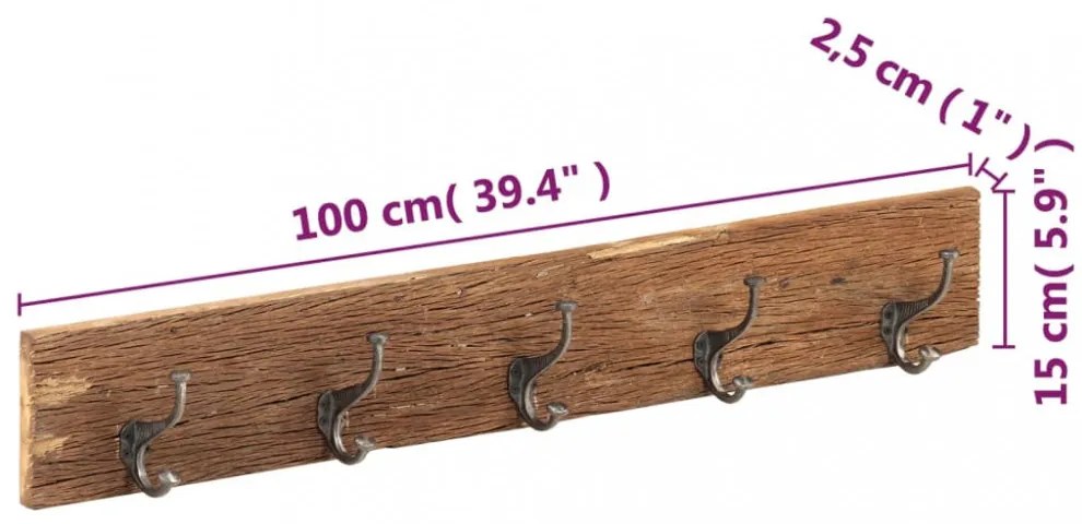 tömör újrahasznosított fa fogas 5 akasztóval 100 x 2,5 x 15 cm