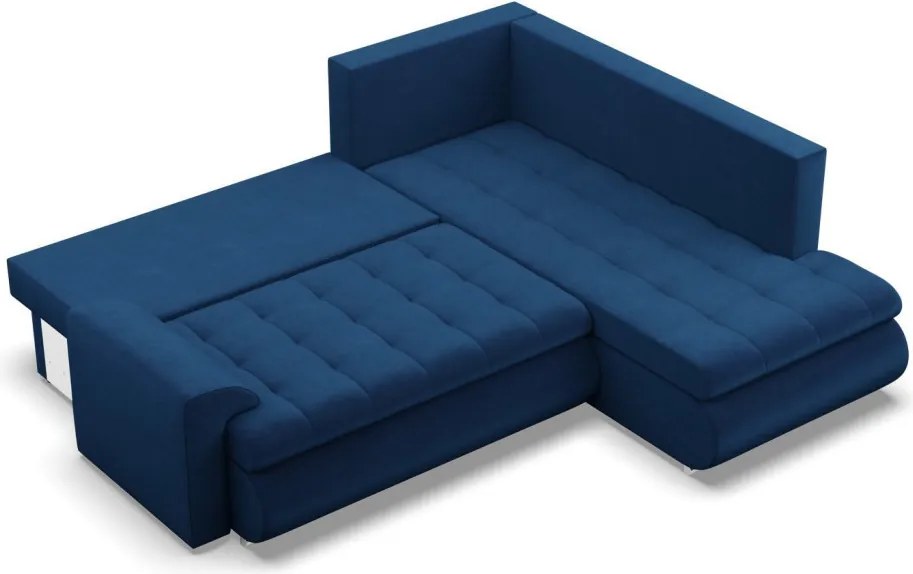 Tokio sarokkanapé, L alakú háttámlával, 2 ágyneműtartóval, bársony, jobboldali, kék