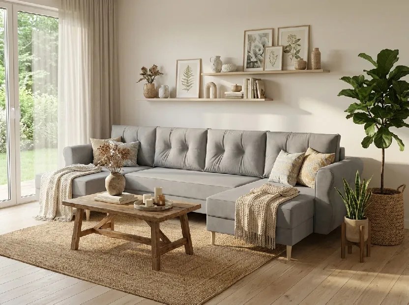 Kihúzható U alakú kanapé SILVIANO 300x140 cm, szürke + 2 díszpárna INGYEN