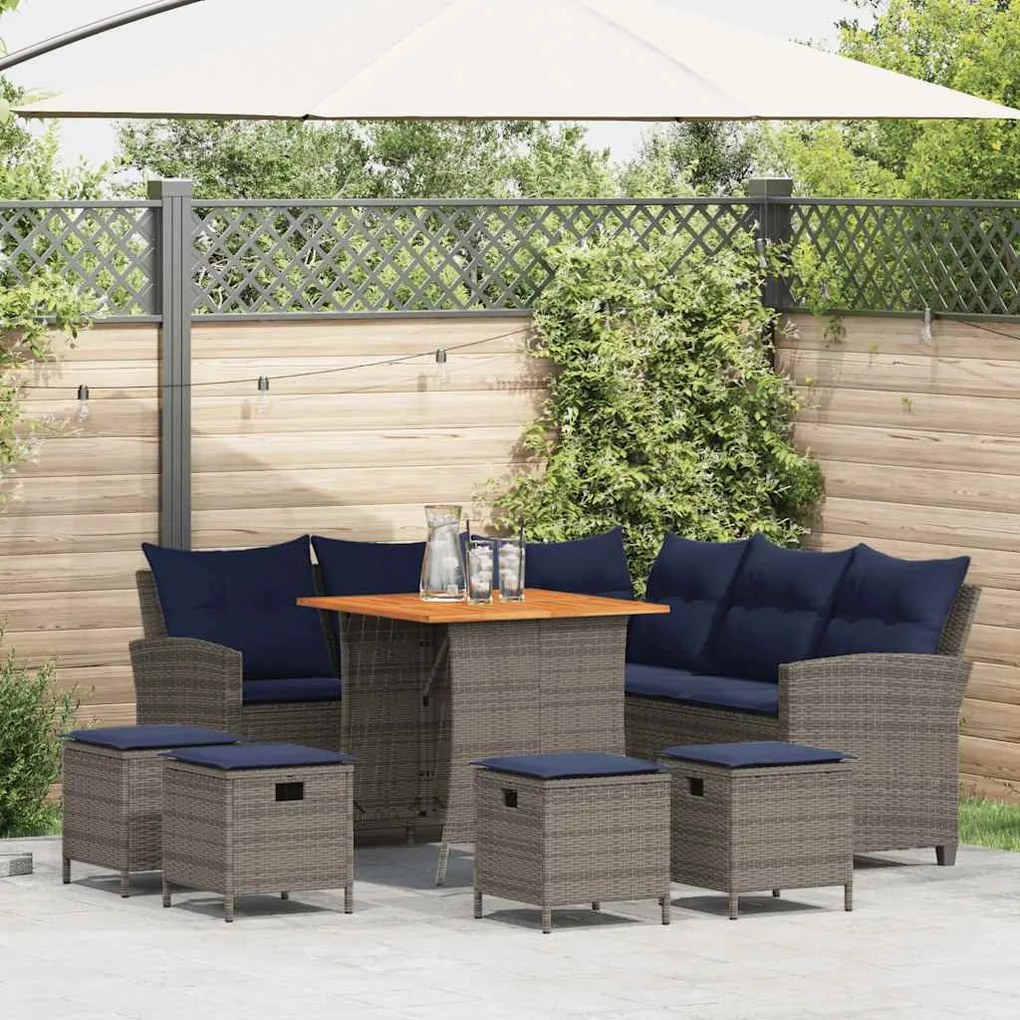 6 részes szürke polyrattan kerti ülőgarnitúra párnákkal L-alakú
