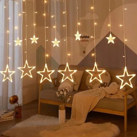 Karácsonyi LED fényfüggöny, LED csillagok, karácsonyi fények, füzér lámpa, Kiscsillag - Nagy Csillag 3m 120 Leddel Fényfüzér