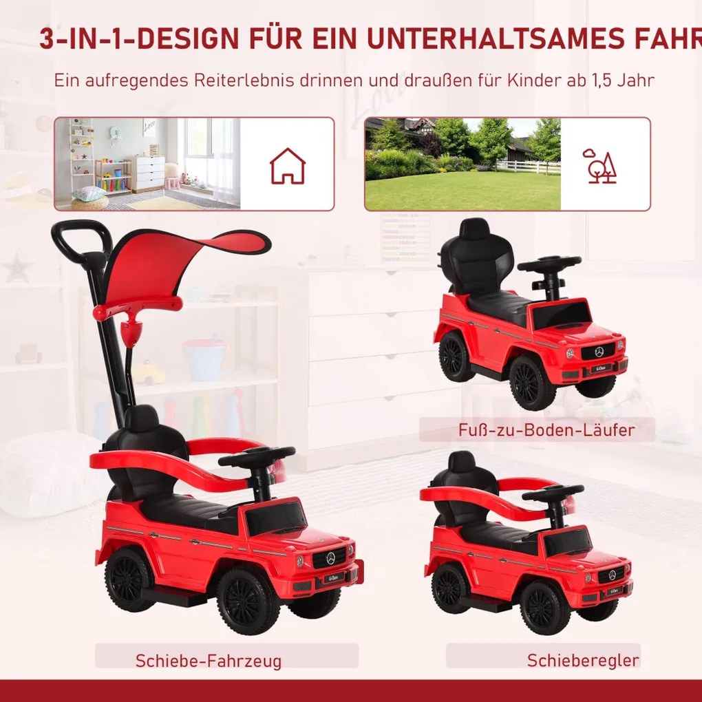 HOMCOM Ride-on autó tolókarral Mercedes-Benz G350 Ride-on jármű kormánykerékkel 3 az 1-ben tolható autó, piros