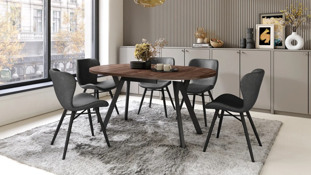 Mazzoni ALMO Barna tölgy/fekete lábak - BŐVÍTHETŐ KEREK ASZTAL Y ALAKÚ LÁBAKKAL LOFT/IPARI STÍLUSÚ NAPPALIBA/ÉTKEZŐBE