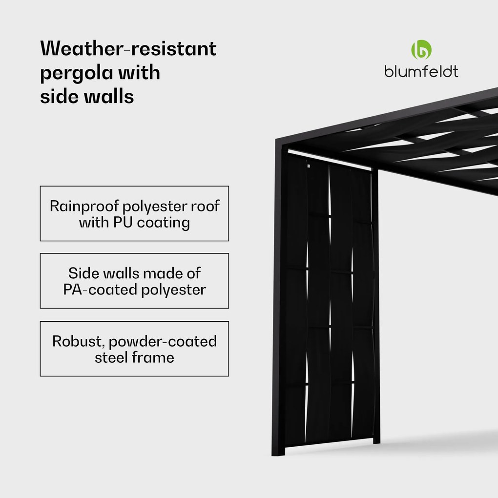 Blumfeldt Shade Cove, textil pergola, 3 x 3 m, oldalfalak, porszórtan bevonva, időjárásálló