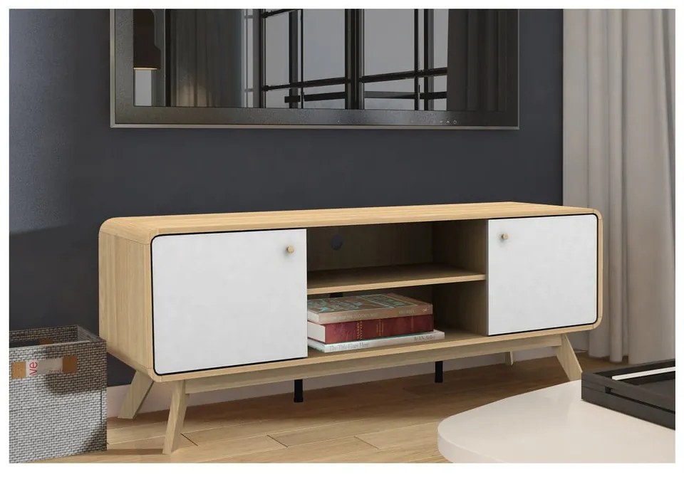 Fehér-natúr színű TV-állvány tölgyfa dekorral 140x53 cm Caitlin – Støraa