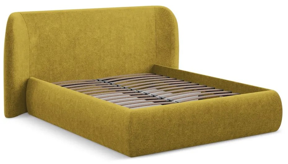 Mustársárga kárpitozott ágyneműtartós franciaágy ágyráccsal 160x200 cm Hauke – Makamii