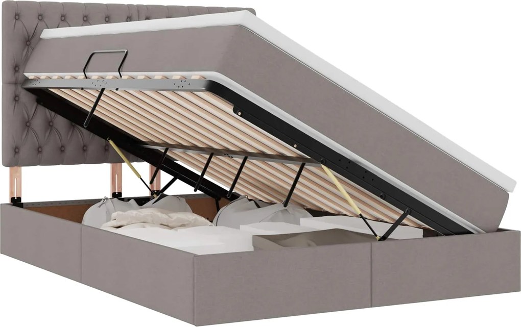 vidaXL Ágy tárolóval és LED lámpával Tópszínű 140 x 190 cm Poliészter