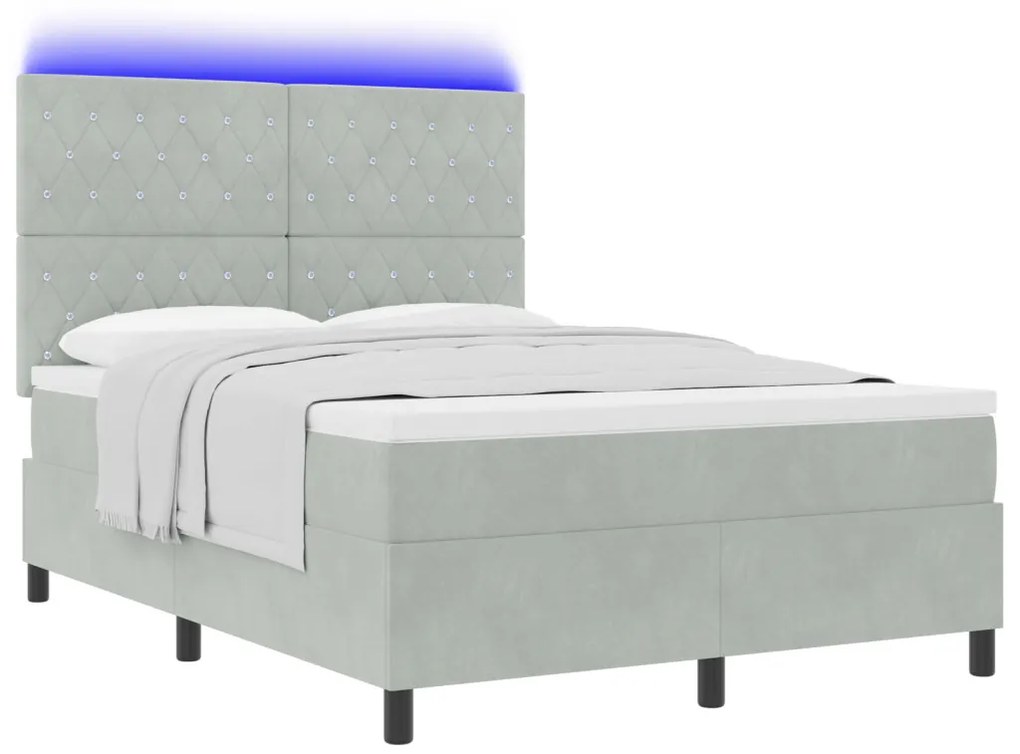 Boxspring Ágy Mattal & LED Fénnyel Szürke 140x190 cm Bársony