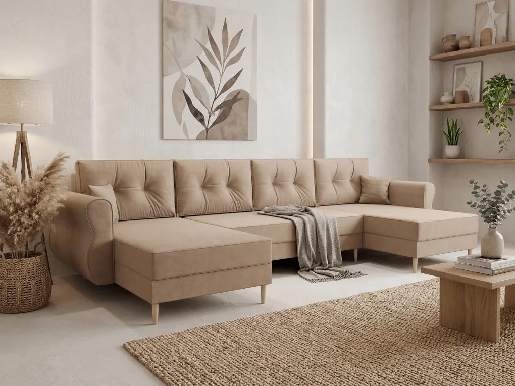 Ágyazható U alakú kanapé SILVIANO 300x140 cm, bézs színű + 2 db díszpárna INGYEN