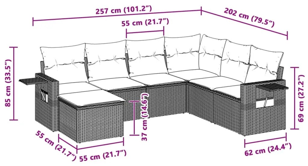 7 részes világosszürke polyrattan kerti ülőgarnitúra párnákkal