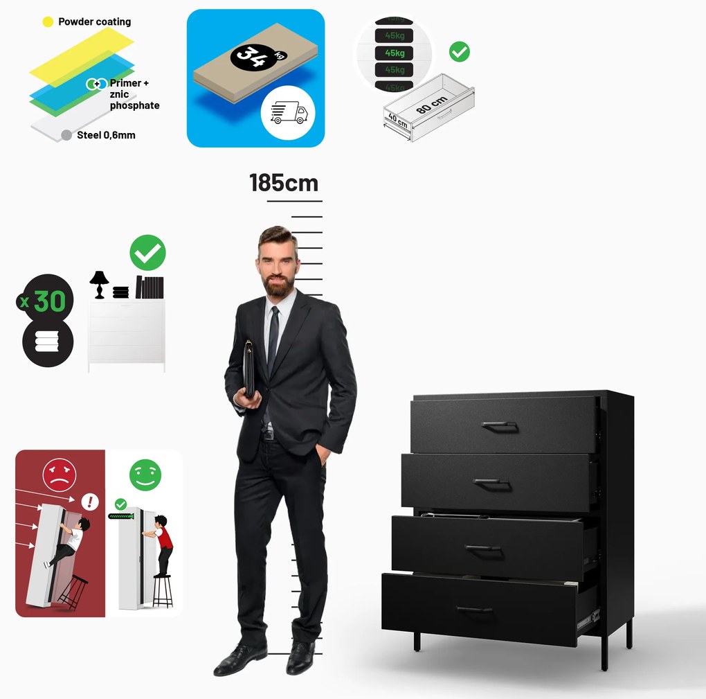 Fekete fém komód fiókokkal és lábakkal – CARLA Modern 800 x 1015 x 400 mm