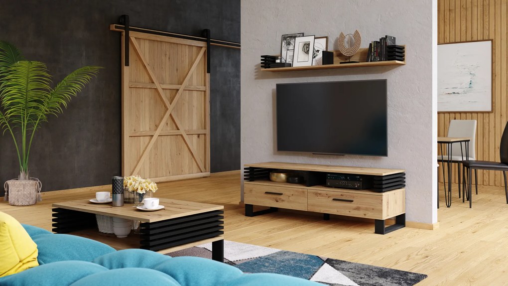 Mazzoni GOKEE RTV-145 Artisan Tölgy/Fekete Matt - MODERN LAMELLÁS TV ASZTAL