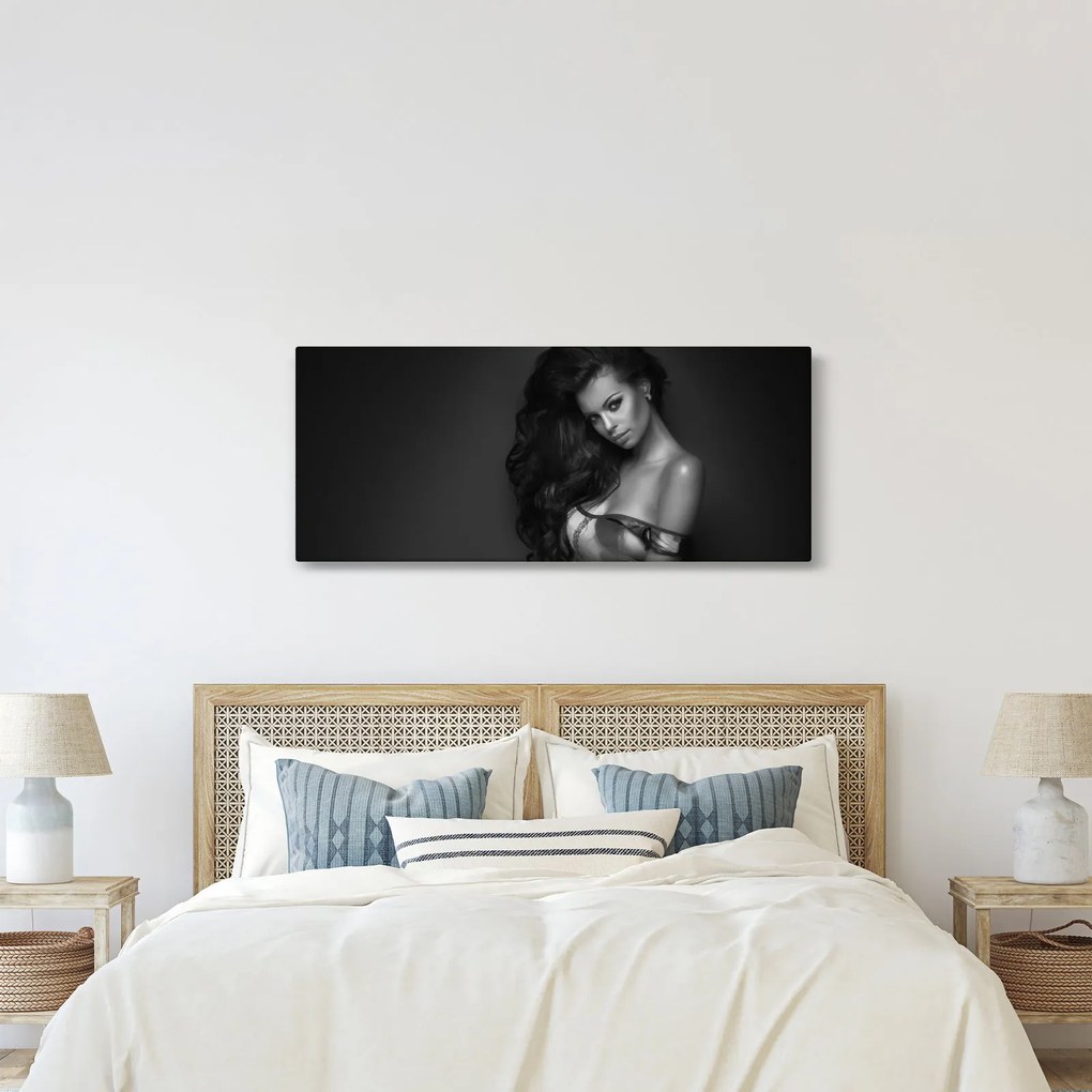 Kép - fekete, fehér, portré, közül, csábító, nő (120x50 cm)
