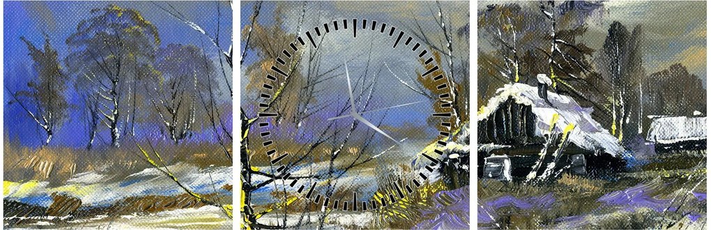 Téli tájon lévő házikó képe, olajfestmény (órával) (90x30 cm)